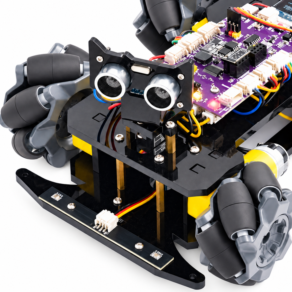 Mecanum Explorer Robot Car Kit — component close-up. Robot kit — battery supply to confirm.