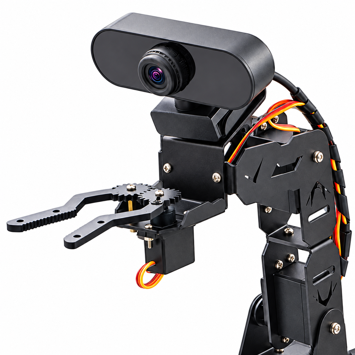 Raspberry Pi Vision Rover with 4-DOF Arm — component close-up. Robot kit — Raspberry Pi excluded.