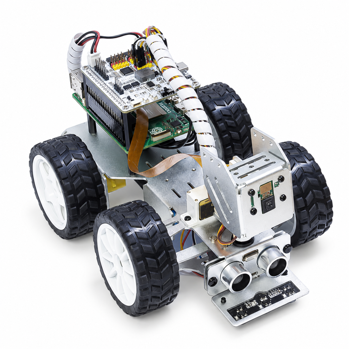 Raspberry Pi Steering Robot Car with Camera — additional product or project detail. Robot car kit — Raspberry Pi excluded. Any separately required main controller shown in an example is excluded.