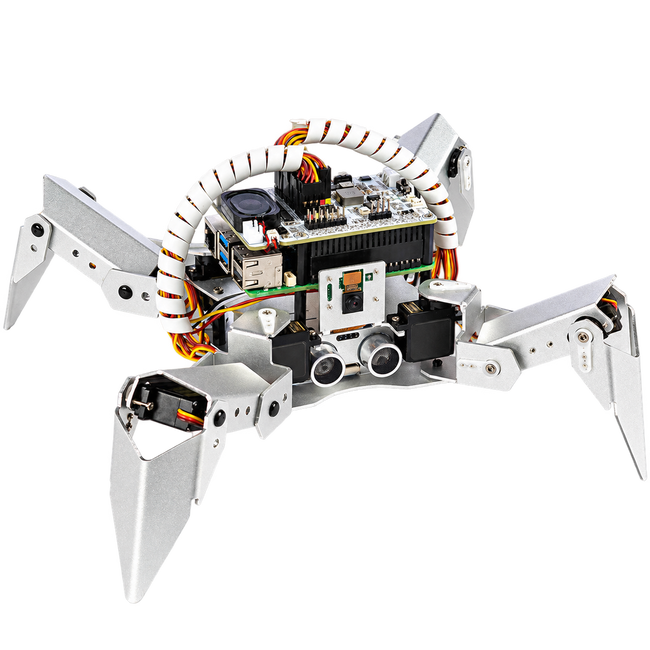 Raspberry Pi Quadruped Walking Robot — Silver — product view. Silver walking robot kit — Raspberry Pi excluded.