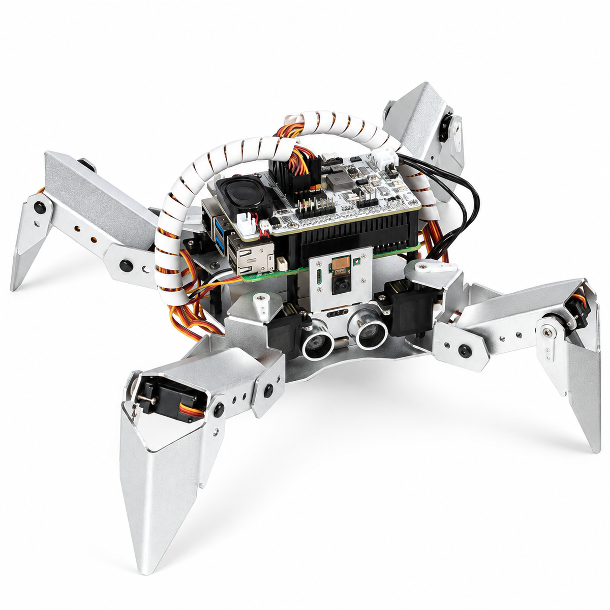 Raspberry Pi Quadruped Walking Robot — Silver — additional product or project detail. Silver walking robot kit — Raspberry Pi excluded. Any separately required main controller shown in an example is excluded.