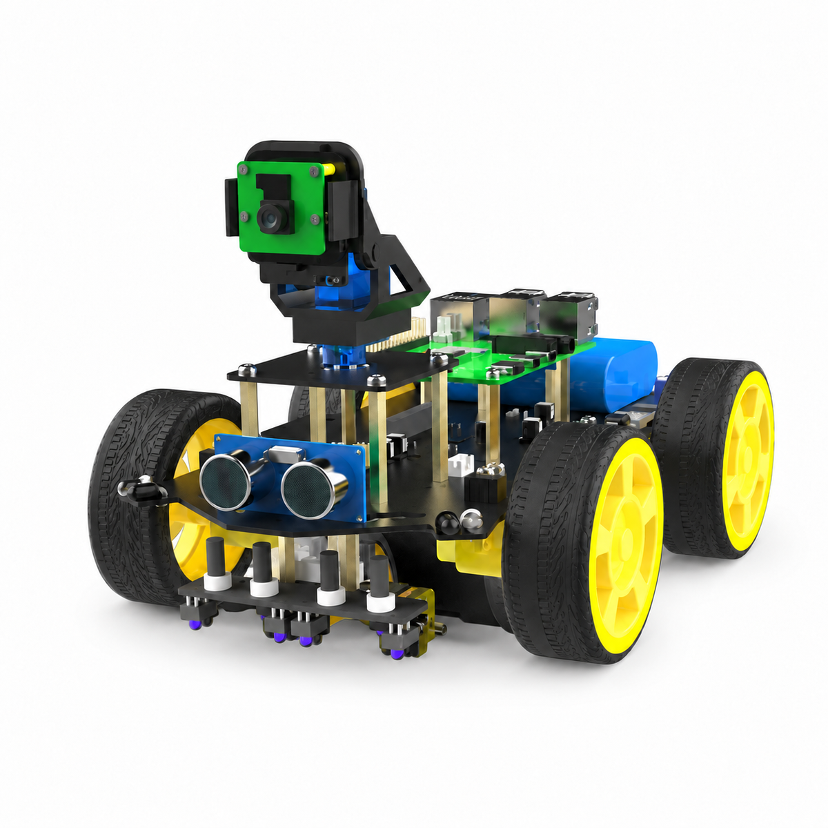 Raspberry Pi 5 Four-Wheel Vision Robot — additional product or project detail. Base robot kit — Raspberry Pi and TF card excluded. Any separately required main controller shown in an example is excluded.