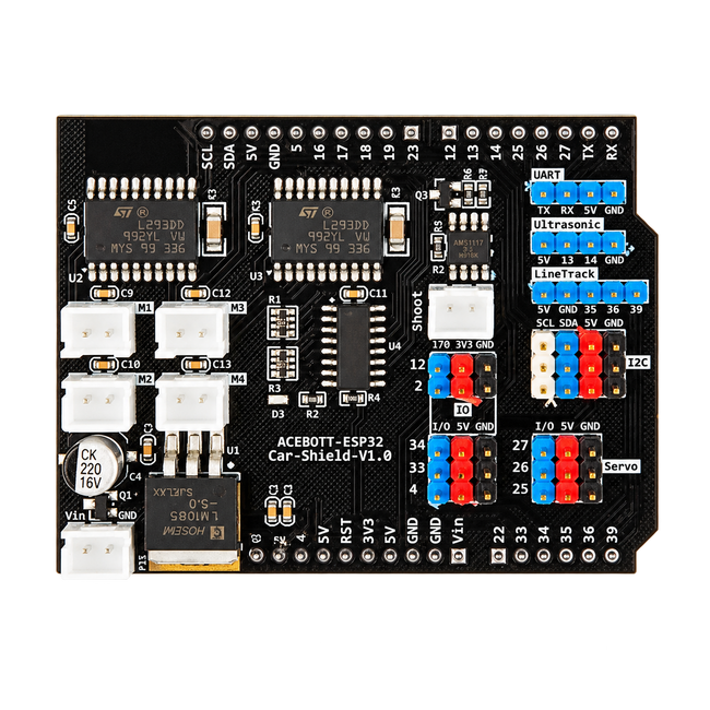 ESP32 Robot Car Motor & Sensor Shield — product view. Car shield only — controller and robot excluded. Photo shows V1.0 board markings; confirm supplied revision.