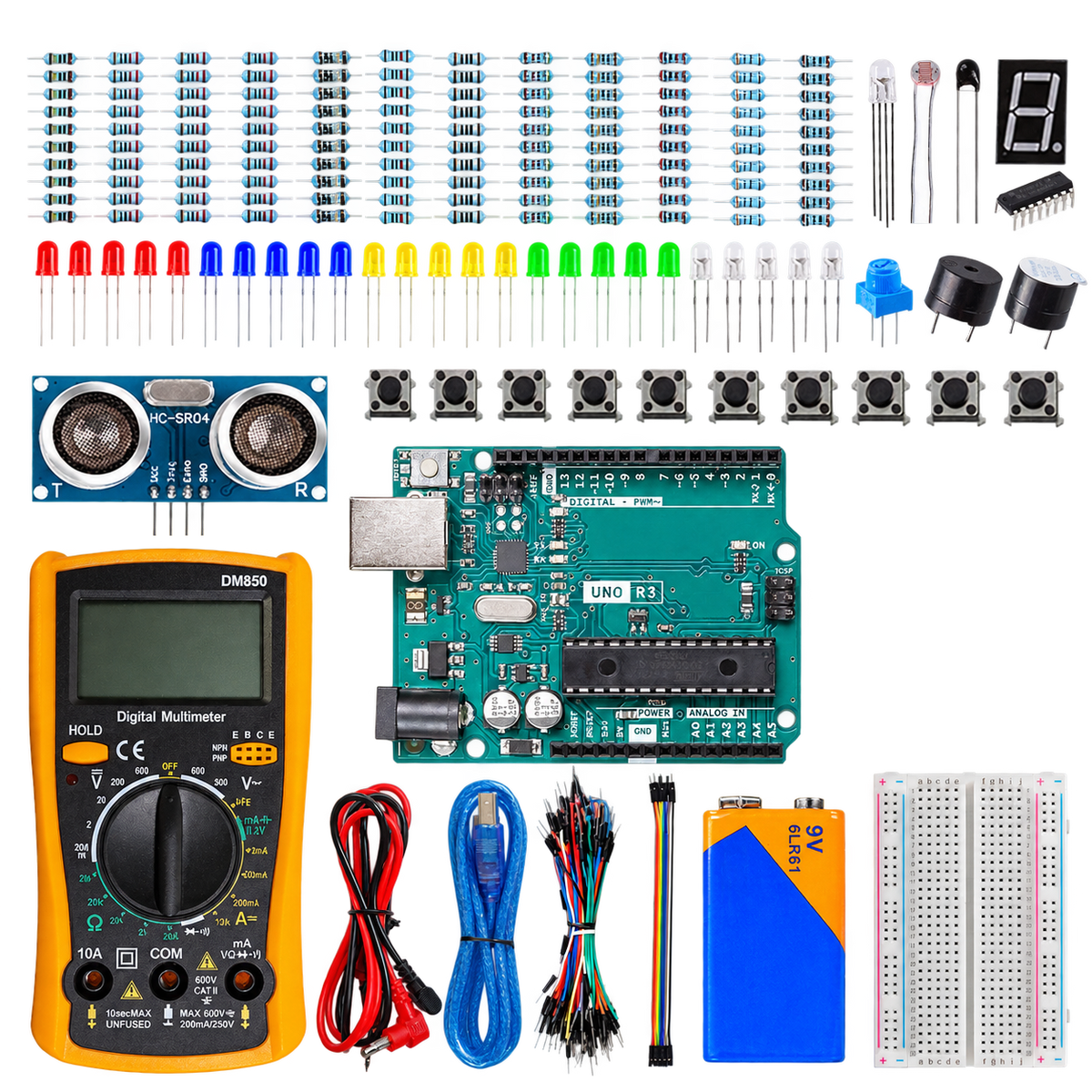 Arduino Uno R3 Beginner Electronics Lab — product view. Beginner electronics kit with Arduino Uno R3.