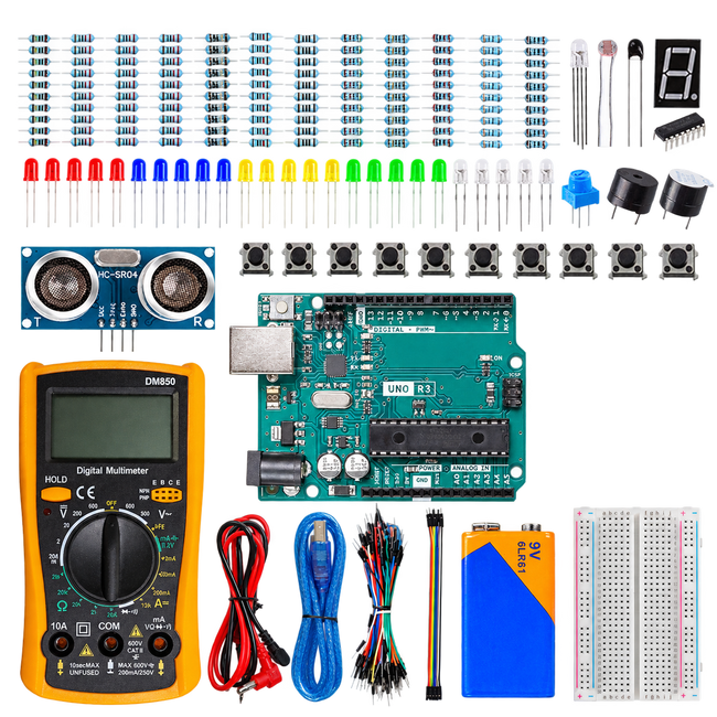 Arduino Uno R3 Beginner Electronics Lab — product view. Beginner electronics kit with Arduino Uno R3.