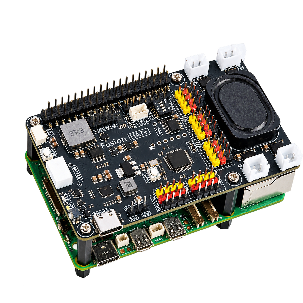 Raspberry Pi Motor, Servo & Audio HAT+ — product view. HAT+ expansion board — Raspberry Pi excluded. Raspberry Pi shown beneath the board is not included.