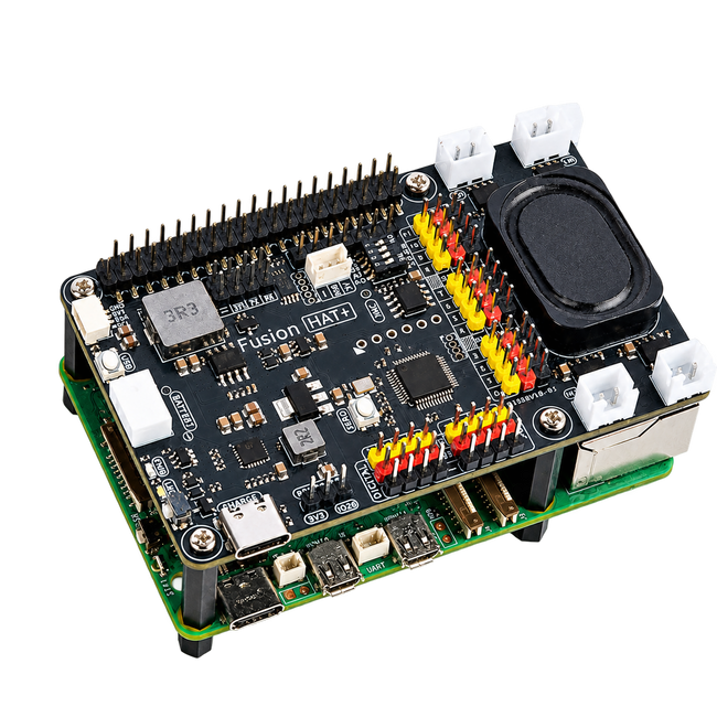 Raspberry Pi Motor, Servo & Audio HAT+ — product view. HAT+ expansion board — Raspberry Pi excluded. Raspberry Pi shown beneath the board is not included.