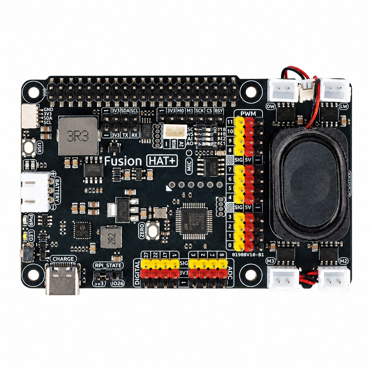 Raspberry Pi Motor, Servo & Audio HAT+ — additional product or project detail. HAT+ expansion board — Raspberry Pi excluded. Any separately required main controller shown in an example is excluded.