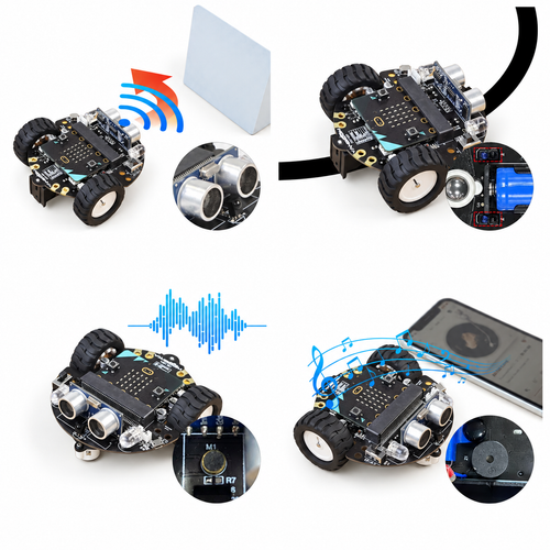 Compact micro:bit Robot Car Kit — additional product or project detail. Robot car — micro:bit and hand controller excluded. Any separately required main controller shown in an example is excluded. Example project; surrounding props, host equipment and separately required parts are not included.