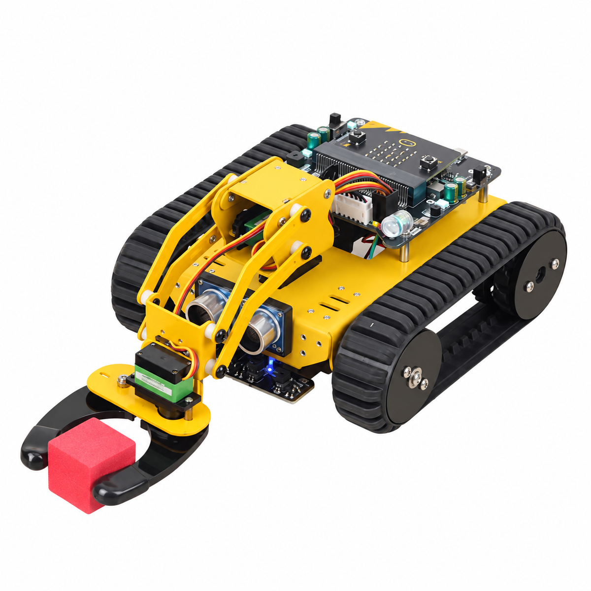 micro:bit Tracked Robot with 3-DOF Arm — additional product or project detail. Standard tracked-arm kit — micro:bit excluded. Any separately required main controller shown in an example is excluded. Example project; surrounding props, host equipment and separately required parts are not included.