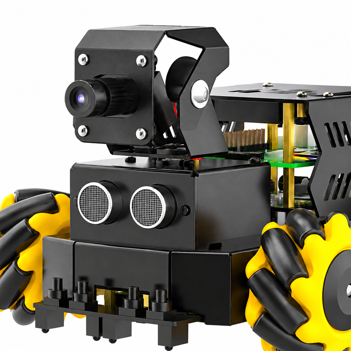 Raspberry Pi 5 Mecanum Vision Rover V2 — component close-up. Standard vision rover — Raspberry Pi excluded. Any separately required main controller shown in an example is excluded.