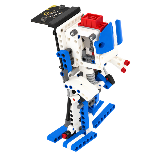 Example biped build from the 16-in-1 building robot kit. micro:bit controller excluded; models built one at a time.