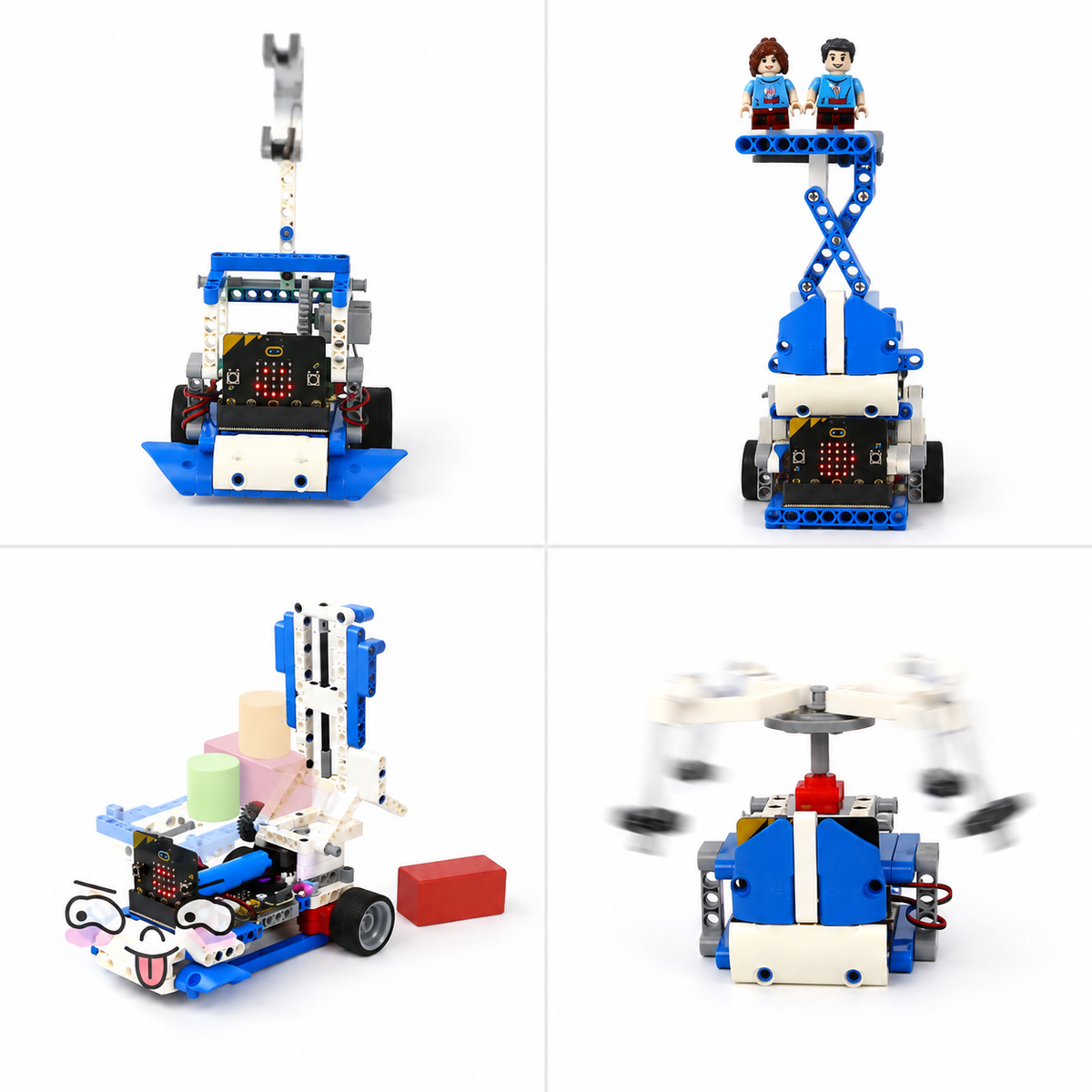 micro:bit 16-in-1 Building Robot Kit — additional product or project detail. Standard 16-in-1 kit — micro:bit excluded. Any separately required main controller shown in an example is excluded. Example project; surrounding props, host equipment and separately required parts are not included. Models are built one at a time.
