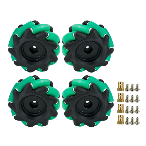 65mm Mecanum Wheel Set with 6mm Couplings — product view. Four nylon wheels + four 6mm couplings.