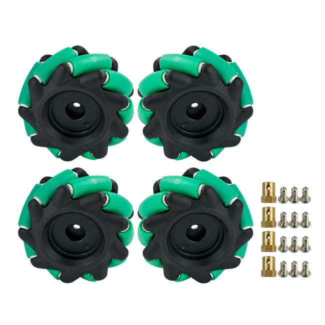 65mm Mecanum Wheel Set with 6mm Couplings — product view. Four nylon wheels + four 6mm couplings.