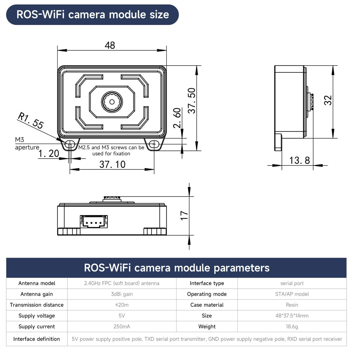 ESP32-S3 ROS 2 Wi-Fi Camera Module — original dimensional and interface drawing. Camera module only; pan/tilt bracket excluded.
