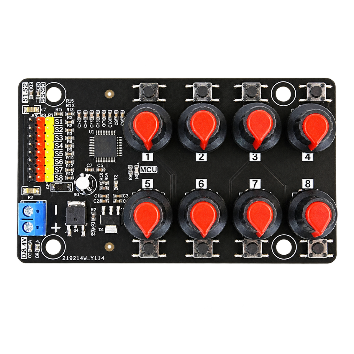 8-Channel PWM Servo Test & Control Board — product view. Eight-channel board — servos and power supply excluded.